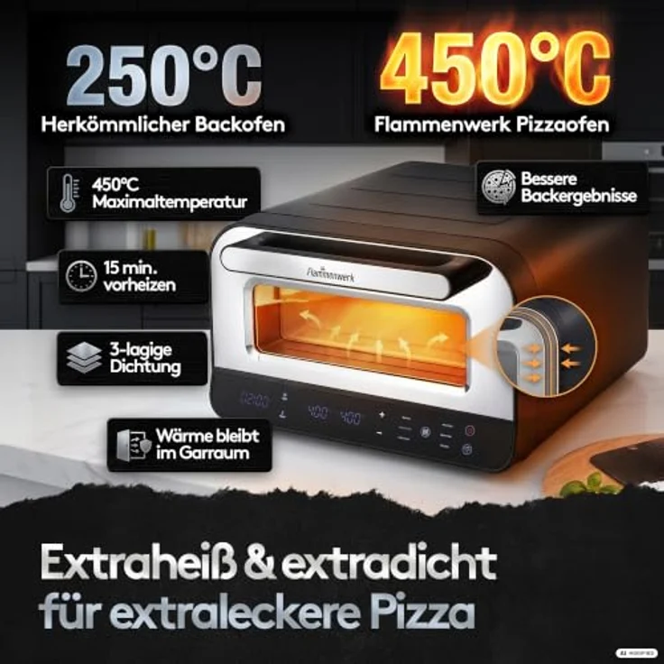 Flammenwerk Pizzaofen elektrisch, 1700 W mit Cordierit-Pizzastein und Pizzaschieber, Schwarz, bis 450 °C, mit Backprogrammen – Bild 6