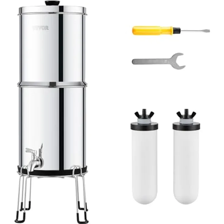 VEVOR Schwerkraft Wasserfiltersystem Edelstahl, 7,8+8,5 L, reduziert Blei und 99 % Chlor, mit 2 Keramik-Kohlefiltern und Zapfhahn