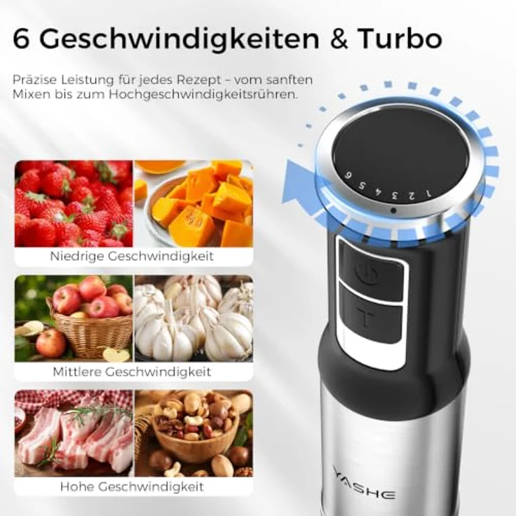 YASHE 1000W Pürierstab 5-in-1, Stabmixer mit Turbo, Edelstahl-Klinge und Spritzschutz, ergonomischer Griff, spülmaschinenfest – Bild 2
