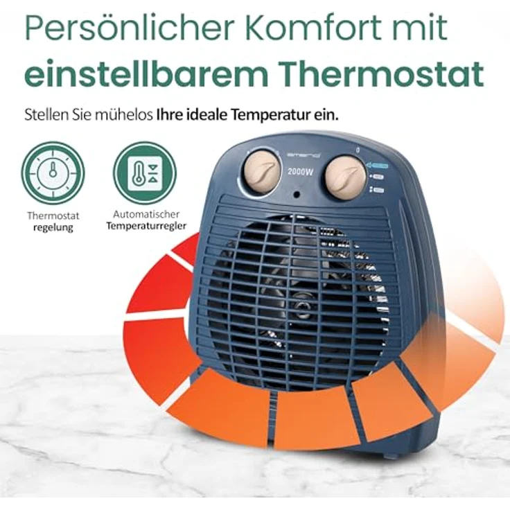 Emerio Heizlüfter FH-106737.12, 2000W Heizgerät für Räume bis 25 m², 2 Heizstufen, Ventilationsfunktion, einstellbarer Thermostat, Sicherheits-Kippschutz, Blau – Bild 3