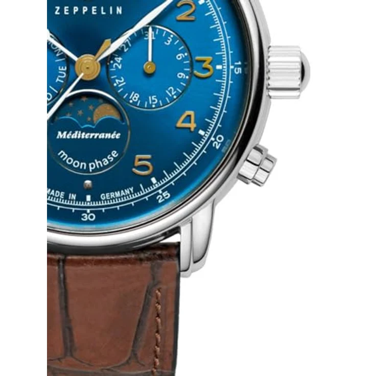 Zeppelin Herrenuhr LZ 121 Méditerranée, Mondphase, blaues Sunray Zifferblatt, braunes Lederband, 41 mm Edelstahlgehäuse, Made in Germany – Bild 2