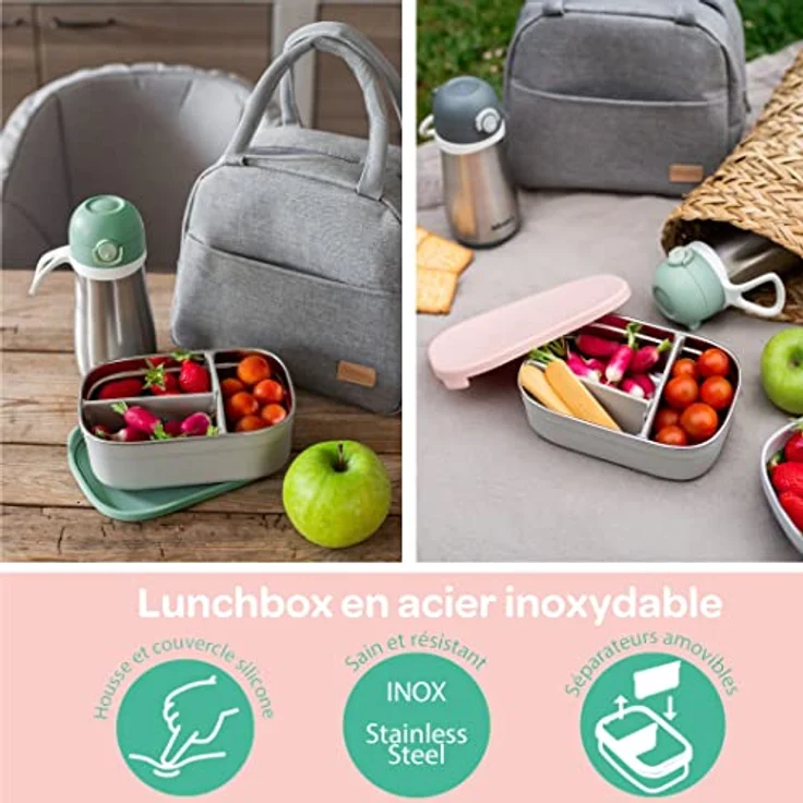 BÉABA, Lunchbox Kind, Brotdose Kinder mit Fächern, Auslaufsicher & BPA Frei, Edelstahldose, Bento Box Kinder, Silikonhülle, extrem robust, ideal für Kindergarten und Schule, 760mL, grau/Puderrosa – Bild 3