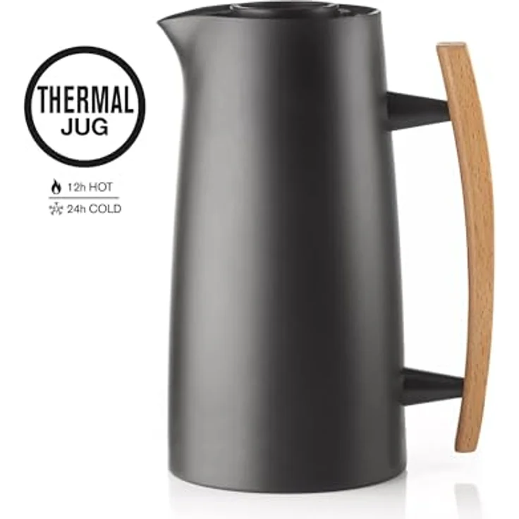 Guzzini RIVIERA '63 Thermokaraffe 1 Liter, doppelwandig mit Holzgriff, schwarz, 18,3 x 13 x H25 cm – Bild 2