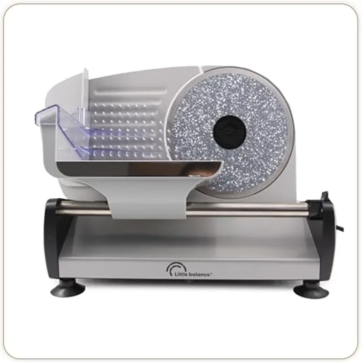 LITTLE BALANCE 8702 Easy Cut, elektrischer Schinkenschneider mit Edelstahlklinge, stufenlos einstellbare Schnittstärke 0-15 mm, für Fleisch, Wurst, Fisch, Käse, 200 W