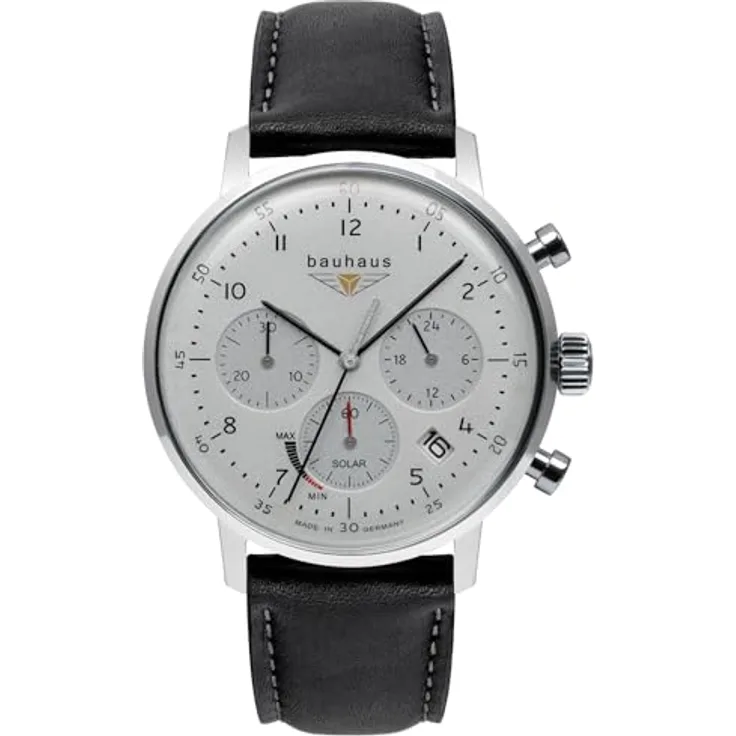 Bauhaus Herrenuhr 2086-1, Solar Chronograph mit schwarzem Lederband, Edelstahlgehäuse, 41 mm, Made in Germany