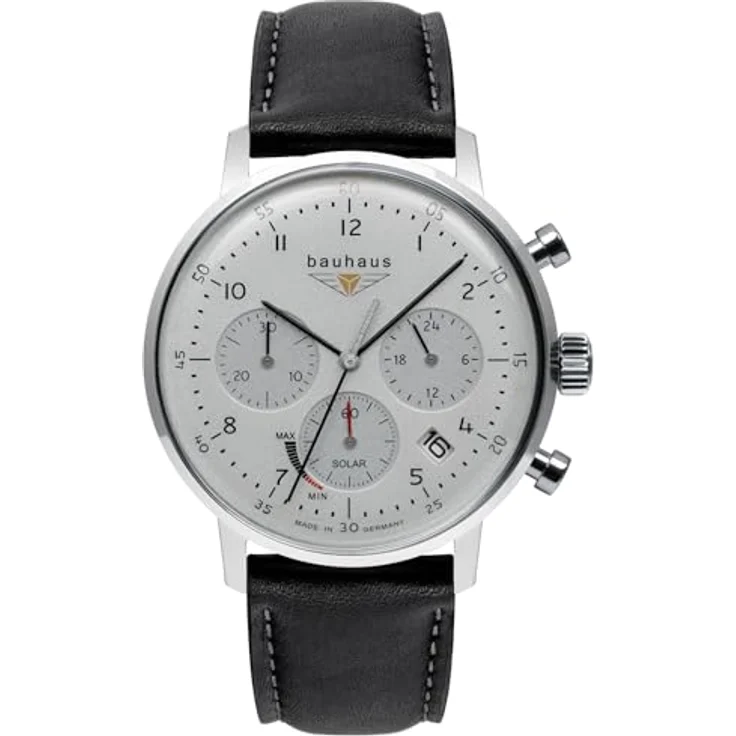 Bauhaus Herrenuhr 2086-1, Solar Chronograph mit schwarzem Lederband, Edelstahlgehäuse, 41 mm, Made in Germany – Bild 1