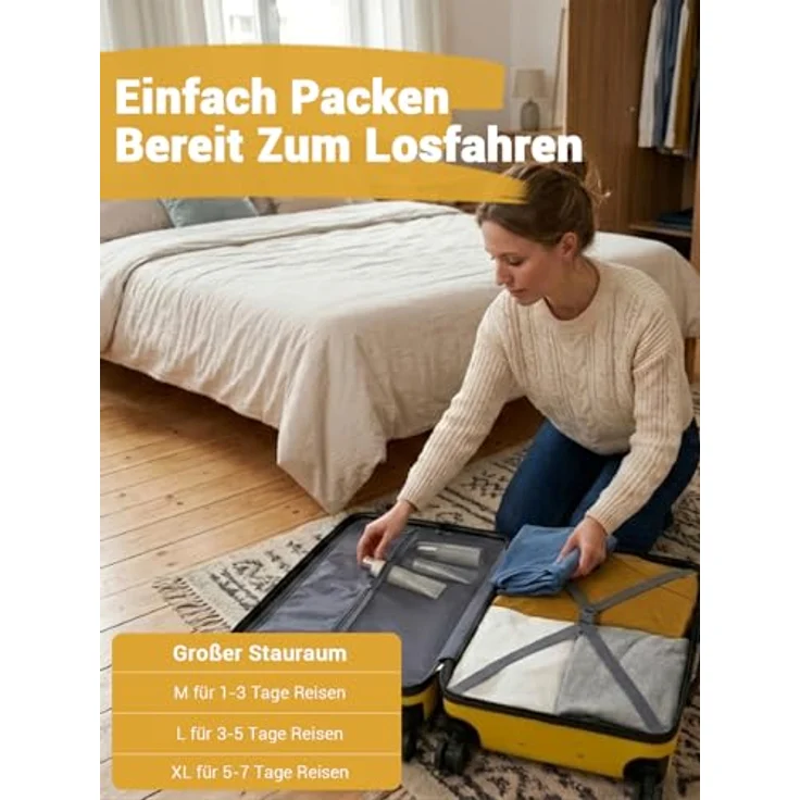 Shavont Mittelgroßer Hartschalenkoffer L, 66x45x26,5 cm, ABS, leichter Trolley mit 4 leisen 360° Doppelrollen und integriertem Schloss, Gelb – Bild 4