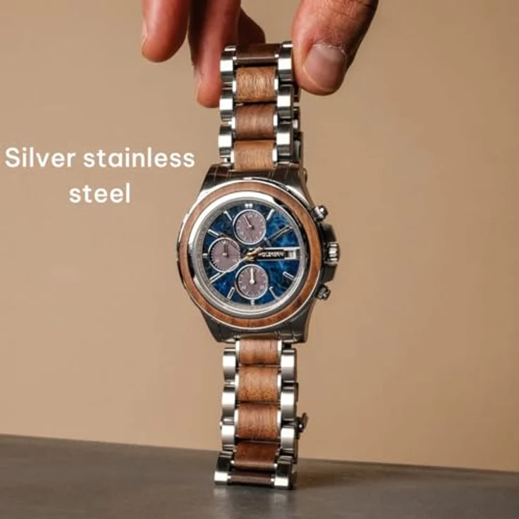 HOLZKERN Herren-Chronograph Solar KOH Mak, Armbanduhr aus Walnuss/Marmor mit blauen Zifferblatt, Edelstahlarmband, Chronograph und Stoppuhrfunktion – Bild 3