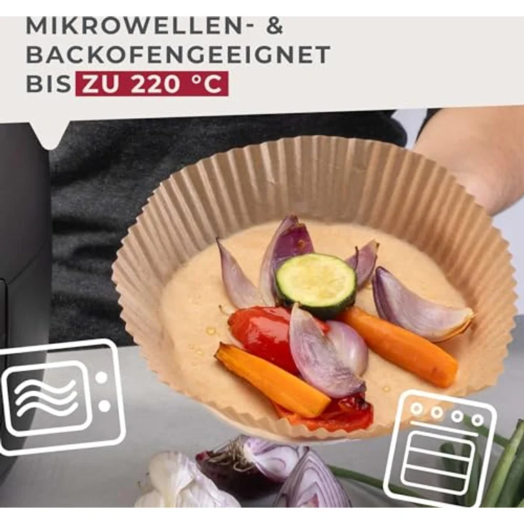 Fackelmann Backpapier für Heißluftfritteuse, 20 x 20 cm rund, 40-teilig, öl- und wasserfest, hitzebeständig bis 220 °C, mikrowellen- und backofengeeignet – Bild 5