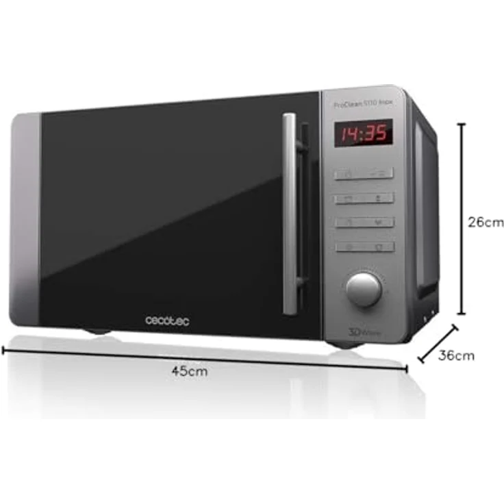 Cecotec ProClean 5110 Mikrowelle mit Grill Inox, 20 Liter Garraum, 700 Watt, Standgerät, 3D Wave, Frontspiegel, 8 Programme, 60 Min Timer, LED, Kindersicherung, Edelstahl – Bild 8