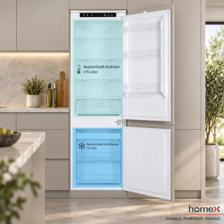 homeX CFBN2531E Einbaukühlschrank mit Gefrierfach, No Frost, 178 cm hoch, 253 l, 37 dB, weiße Front – Bild 6