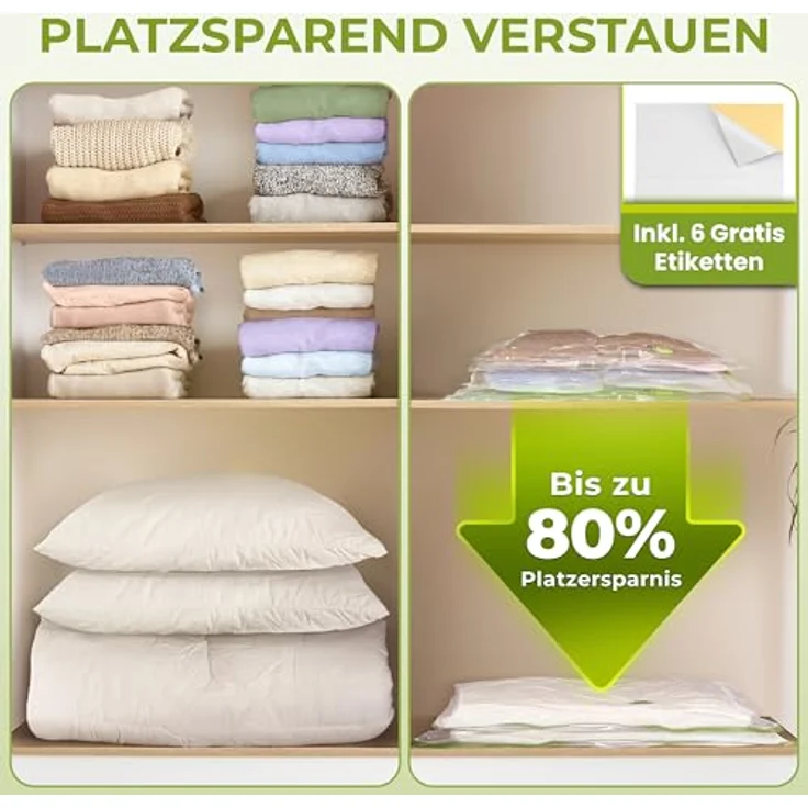 NORDIC® Vakuumbeutel 6er Set Größe L, 80x60cm, BPA-frei, wiederverwendbar, ideal für Kleidung und Bettdecken, geruchs- und schimmelresistent, inkl. Etiketten zur Beschriftung – Bild 2