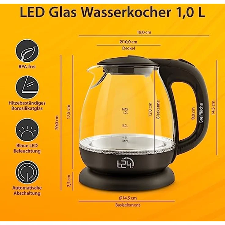 T24 Borosilikatglas Wasserkocher mit LED, 1100 Watt, 1 Liter, 360°-Basis, Glas, Edelstahl schwarz – Bild 3