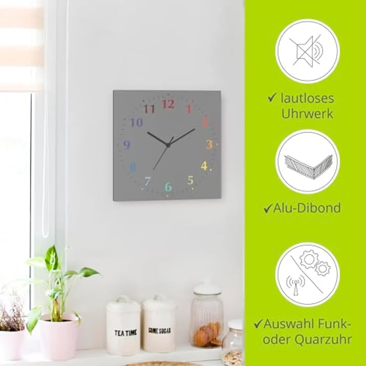ARTLAND Wanduhr ohne Tickgeräusche Alu Quarzuhr 30x30 cm Quadratisch Lautlos 12 Ziffern Farbig Schlichtes Design Grau S7KD – Bild 2