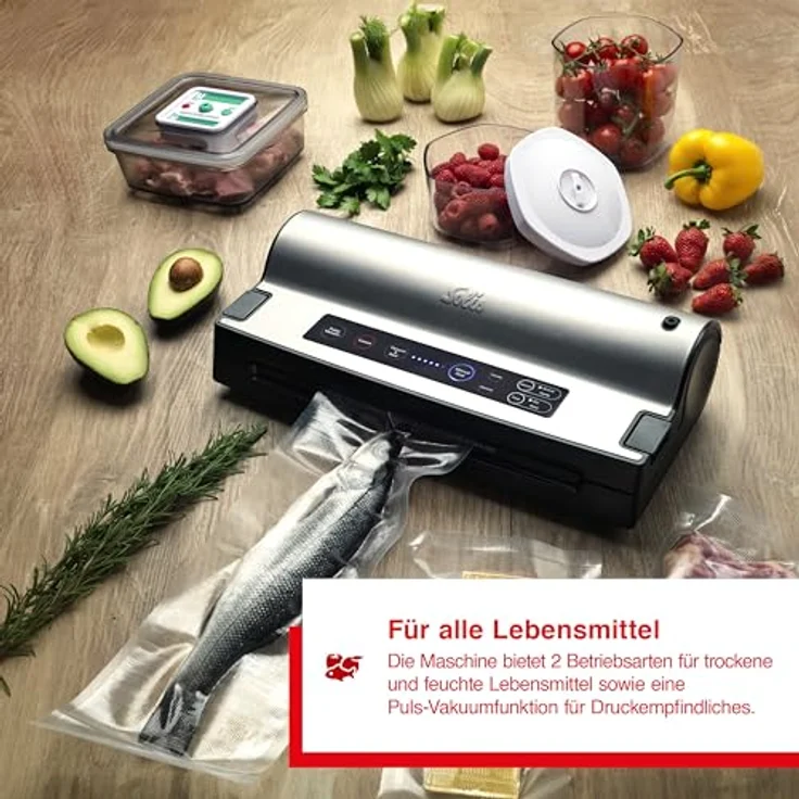 Solis Vakuumierer Vac Prestige, Vakuumiergerät mit Pulse- und Marinierfunktion, Vorteilspack mit kompostierbaren Folien und Beuteln, ideal für Sous Vide, silber – Bild 2