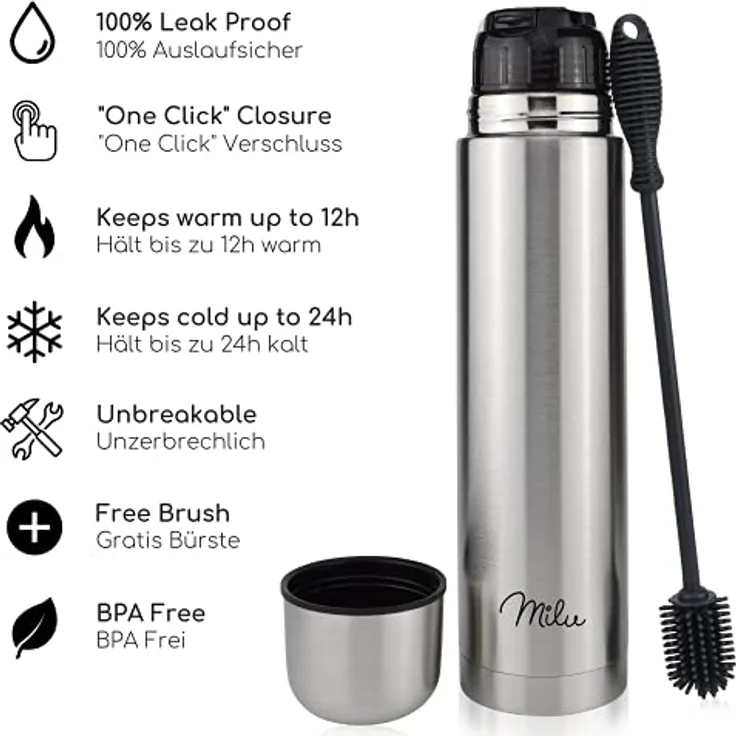 Milu Thermosflasche Thermoskanne Isolierflasche 1L - Isolierte Edelstahl Trinkflasche, 100% Auslaufsicher, Doppelwandisolierung (Edelstahl, 1000 ml) – Bild 2