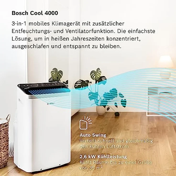 Bosch Cool 4000 Mobiles Klimagerät - 3-in-1: Klimagerät, Luftentfeuchter, Ventilator - 2,6 kW für Räume bis zu 35m² - Mit Auto-Modus, Silent-Modus & Sleep-Modus (48 db (A)) [Energieklasse A+] – Bild 2