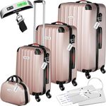 tectake® 4-teiliges Reisekoffer Kofferset inkl. Kofferwage und Gepäckanhänger, 360° Rollen, Hartschalenkoffer mit Zahlenschloss, Koffer groß, ineinander stapelbar, Trolley Handgepäck - roségold