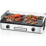 KLAMER Elektrogrill, antihaftbeschichtete und abnehmbare Duo-Platten, separate Temperatureinstellung, 5 Grillstufen, mit Wind-/ Spritzschutz & Auffangschale, 2400 Watt Leistung, Tischgrill