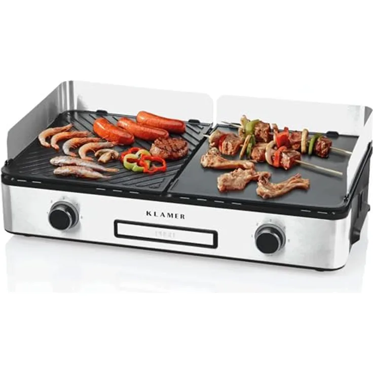 KLAMER Elektrogrill, antihaftbeschichtete und abnehmbare Duo-Platten, separate Temperatureinstellung, 5 Grillstufen, mit Wind-/ Spritzschutz & Auffangschale, 2400 Watt Leistung, Tischgrill