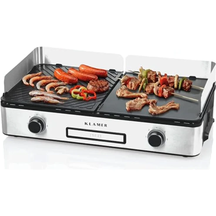 KLAMER Elektrogrill, antihaftbeschichtete und abnehmbare Duo-Platten, separate Temperatureinstellung, 5 Grillstufen, mit Wind-/ Spritzschutz & Auffangschale, 2400 Watt Leistung, Tischgrill – Bild 1