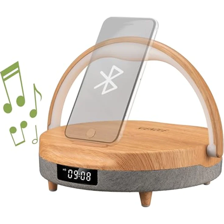 Kienzle LED-Wecker mit Bluetooth Lautsprecher, kabellose Ladestation 10 W, dimmbare LED-Leuchte, Holz-Design, 2 Weckzeiten – Bild 1
