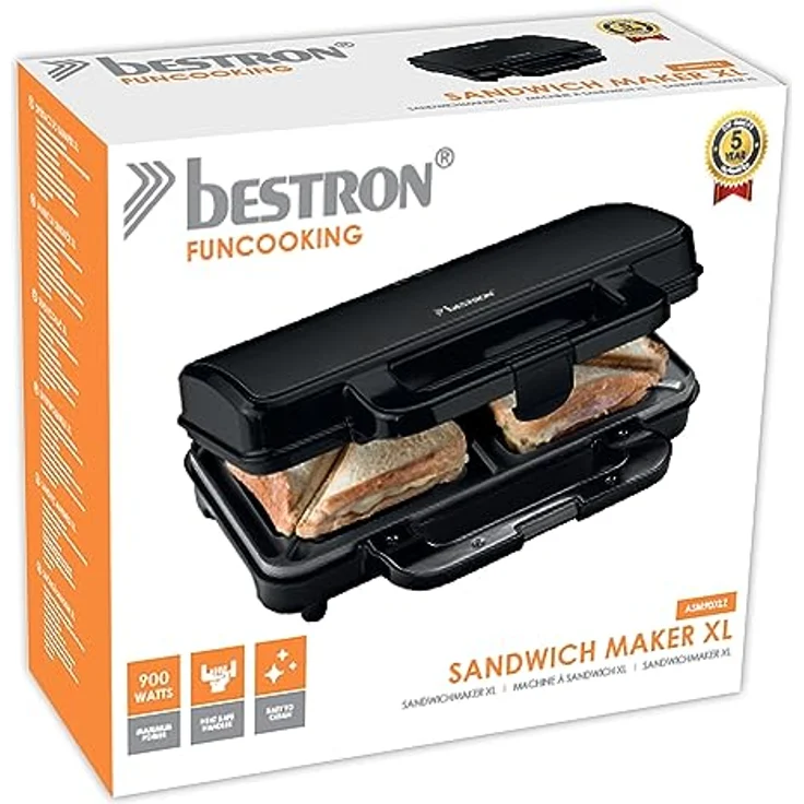 Bestron Sandwichmaker ASM90XLZ, 900 W, Schwarz mattiert, für 2 knusprige XL-Sandwich-Toasts, automatische Temperaturregelung, Antihaftbeschichtung, Sicherheitsfunktionen – Bild 5