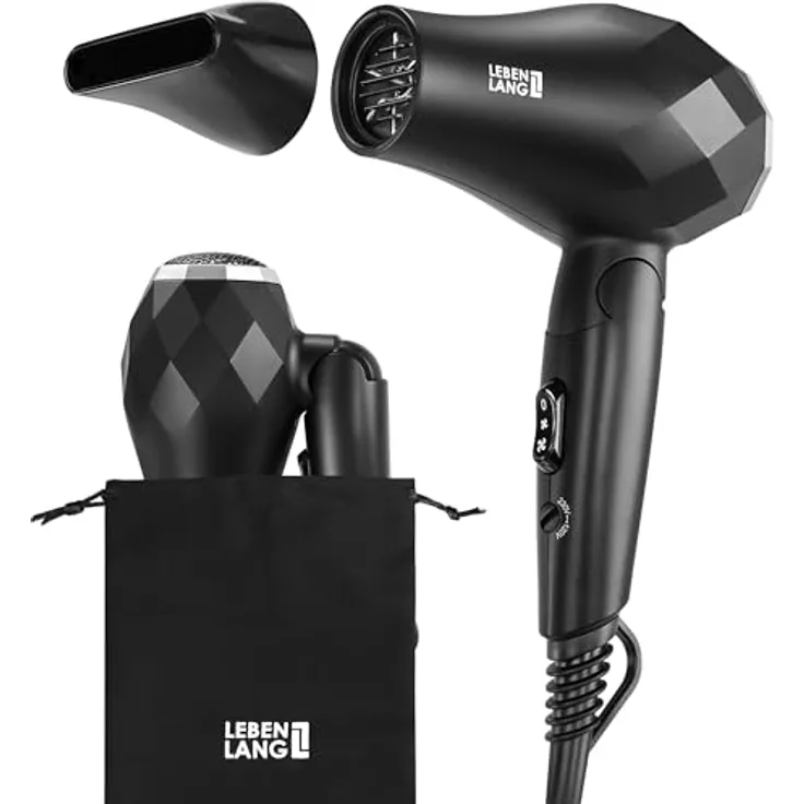 LEBENLANG Reisefön klappbar klein - Duale Spannung & Inkl. Reisetasche mit Stylingdüse I Reise Föhn leise stark - Schwarz Silber