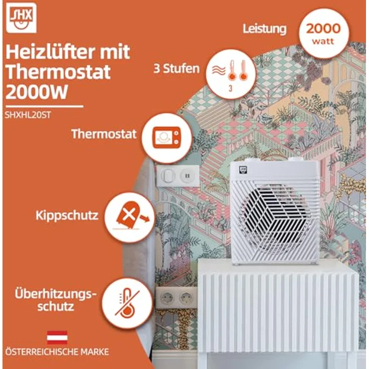 SHX Heizlüfter mit Thermostat 2000W SHXHL20ST | 2 Heizstufen | einstellbares Thermostat | Oszillationsfunktion | Überhitzungsschutz | tragbar | IPX2-zertifiziert | für Badezimmer geeignet, weiß – Bild 2