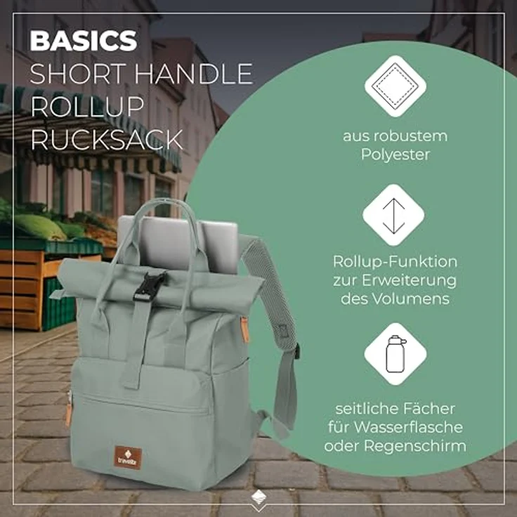 travelite Daypack Basics, Unisex Rucksack aus Polyester mit gepolsterter Rückenpartie, Laptopfach für 42 cm, Rolltop-Verschluss, schwarz – Bild 2