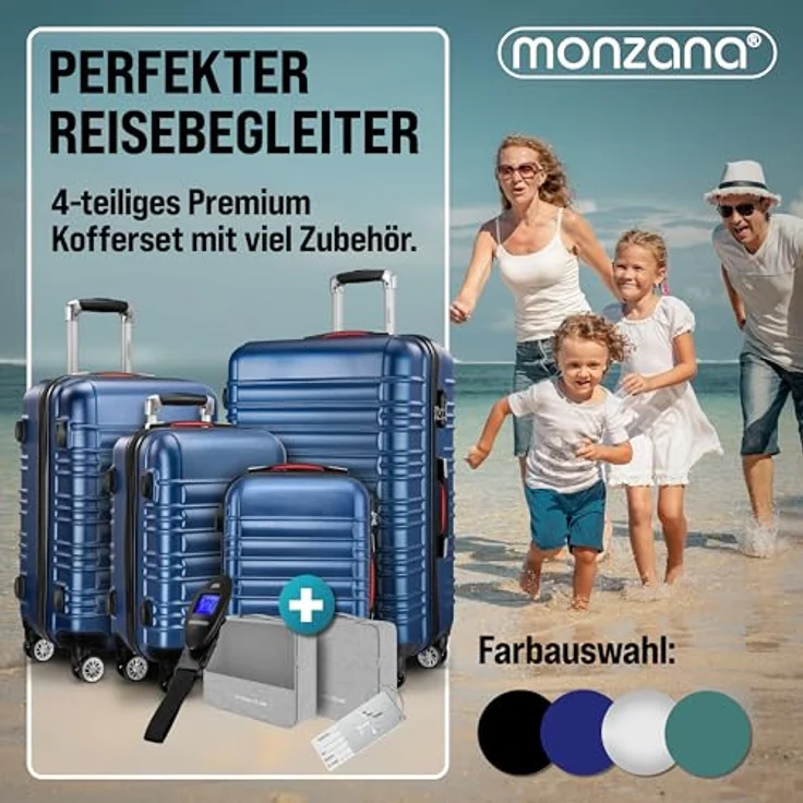 MONZANA® 4tlg Kofferset Hartschale Trolley Reisekoffer Organizer mit Zwillingsrollen Gurt Gel-Griffe Standfüße Kofferwaage S-M-L-XL Blau – Bild 2