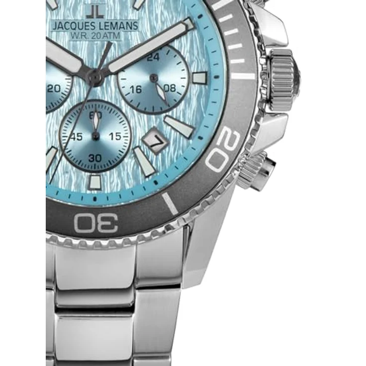 JACQUES LEMANS 1-2206K Herrenuhr Liverpool Diver, Edelstahlarmband, Chronograph, 20 ATM, türkisfarbenes Zifferblatt – Bild 2