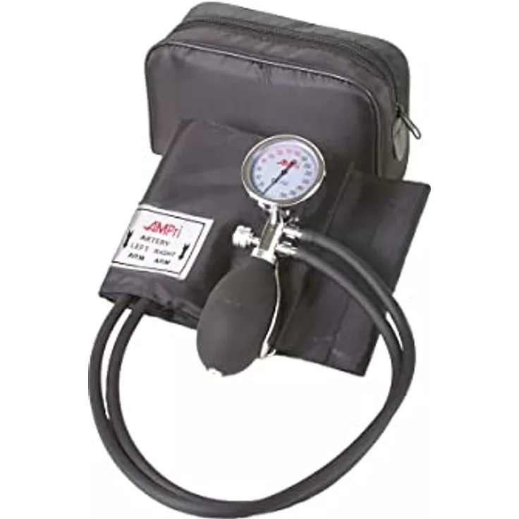 Oberarm Aneroid Blutdruckmessgerät, Manschette mit Bügelring, Med-Comfort, 2-Schlauch-System, schwarz, 1 Stück, Arzt, Praxis, Krankenhaus, in praktischer Tasche [ISO 81060]
