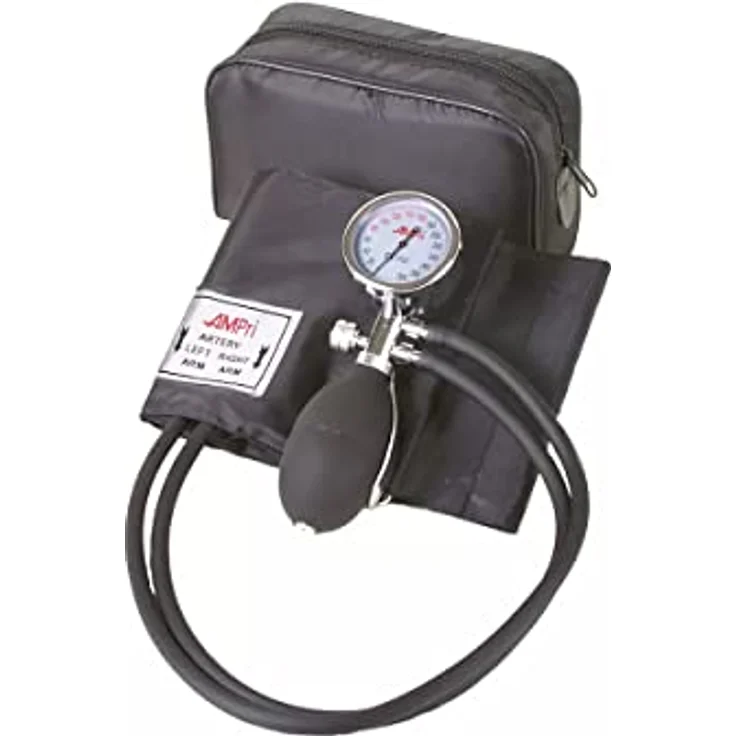 Oberarm Aneroid Blutdruckmessgerät, Manschette mit Bügelring, Med-Comfort, 2-Schlauch-System, schwarz, 1 Stück, Arzt, Praxis, Krankenhaus, in praktischer Tasche [ISO 81060]
