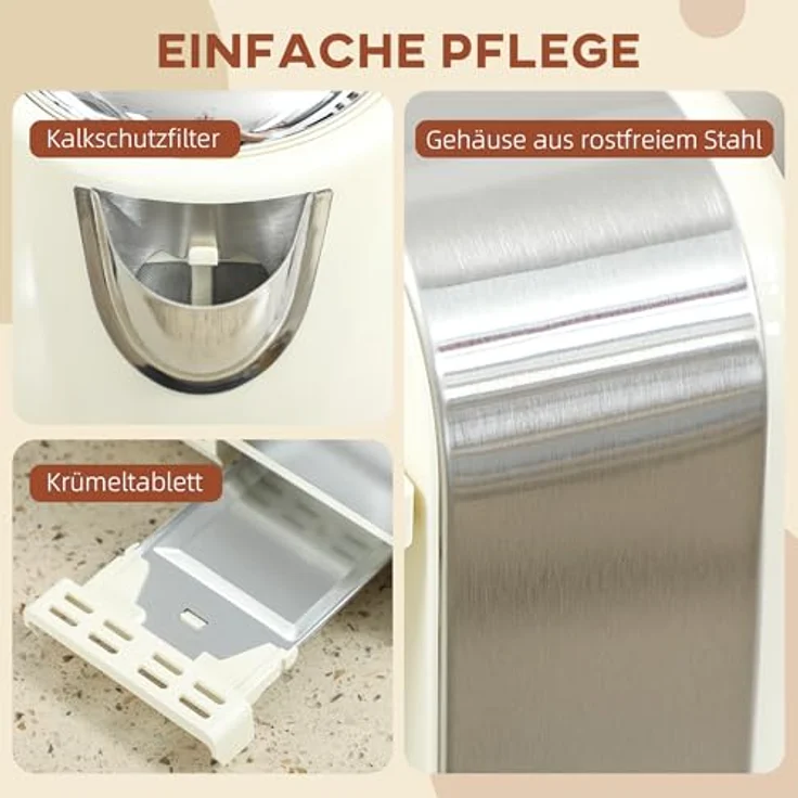 HOMCOM Kocher-Toaster-Set 1.7 L, 2200 W, 4-Scheiben-Toaster mit 7 Bräunungsstufen, Strix Thermostat, Cremeweiß – Bild 6