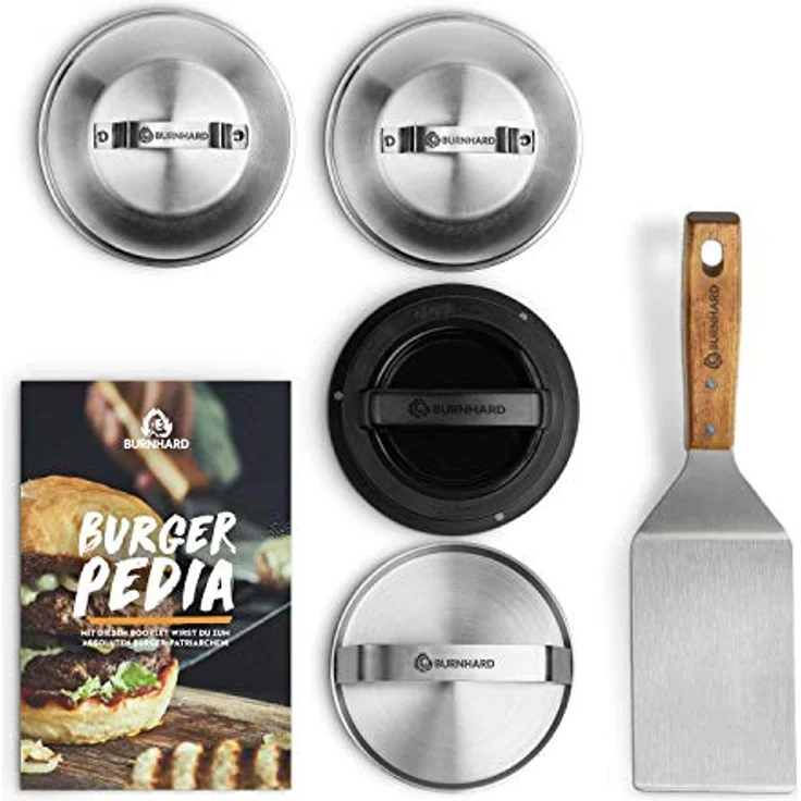 BURNHARD Burger-Set 6-TLG. inkl. Burgerpresse, Wender, Smasher, 2 Melting Domes aus Edelstahl und Rezeptheft – Bild 2