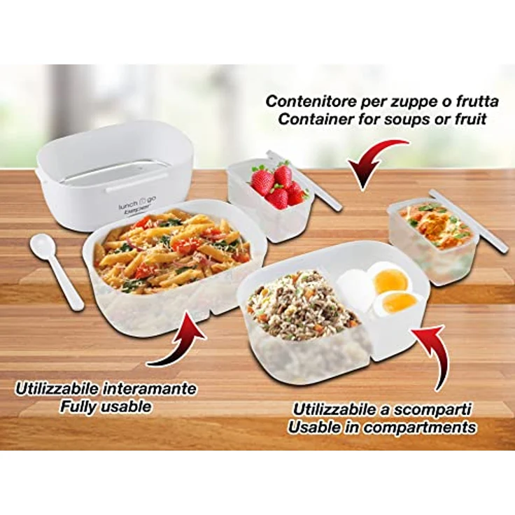 Beper Lunch & Go - Wärmende Lunchbox, tragbarer elektrischer Speisenwärmer, 2 herausnehmbare Behälter, Stahlheizplatte, mitgeliefertes Plastikbesteck, 220 V - Rot – Bild 4