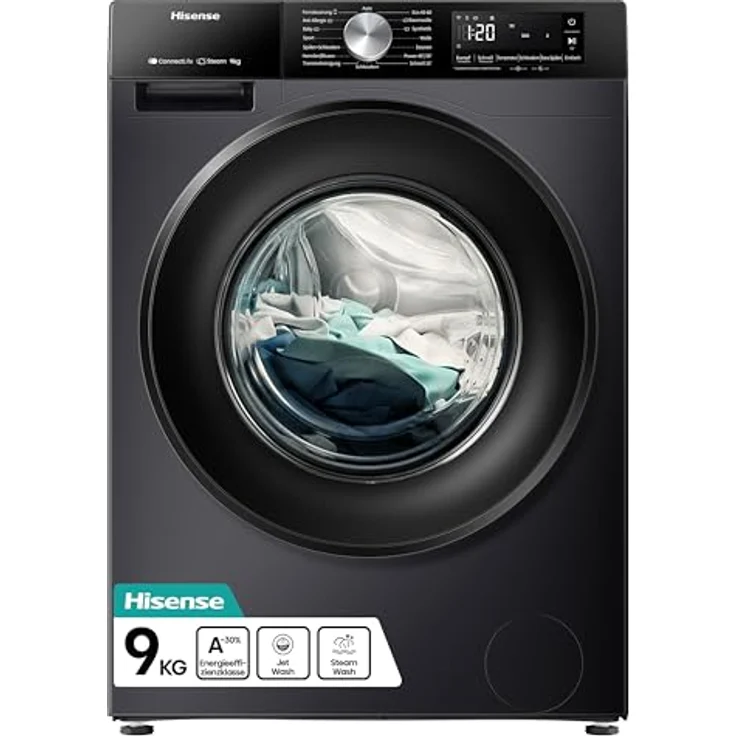 Hisense WF3S9043BB3 Waschmaschine mit Dampffunktion, 9 kg, 1400 U/min, WiFi, Power JetWash, Anti-Allergie Programm, Aqua Stop, Auto Wash, EEK A-30 Prozent, Schwarz – Bild 1