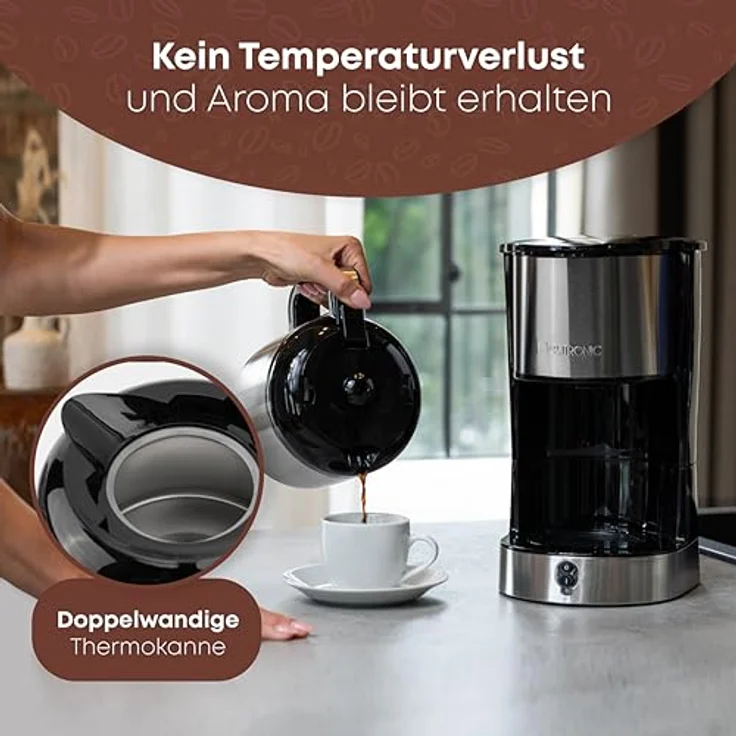 Clatronic® Kaffeemaschine mit Thermoskanne für 8–10 Tassen Kaffee (ca. 1,2L) | Filterkaffeemaschine Edelstahl | doppelwandige Thermoskanne | kein Temperaturverlust | Kaffeemaschine 800W | KA 3805 – Bild 3