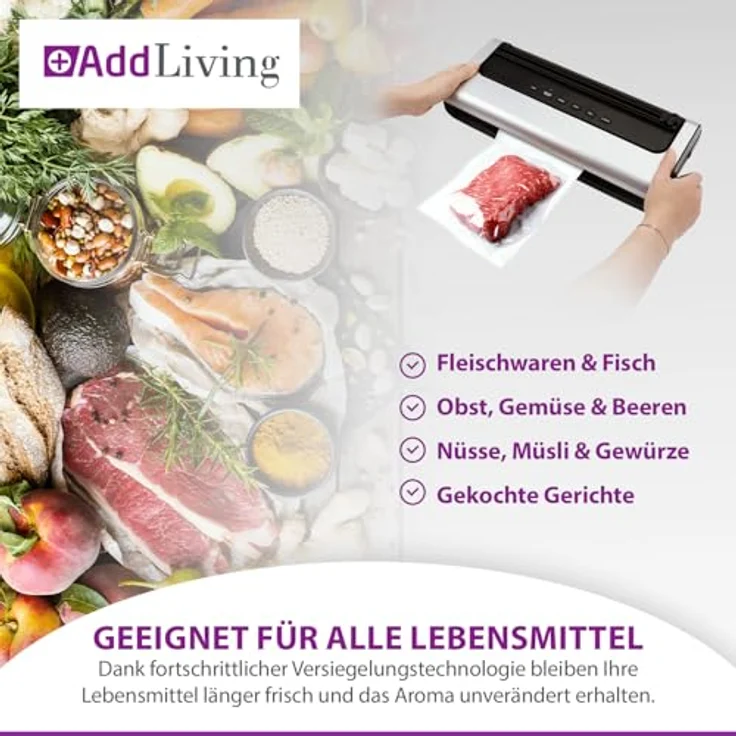 AddLiving Vakuumierer für Lebensmittel, Wet & Dry Funktion, inkl. 5 Vakuumbeutel (20 x 30 cm), mit Soft-Funktion & Schlauchanschluss, Folienschweißgerät – Bild 3