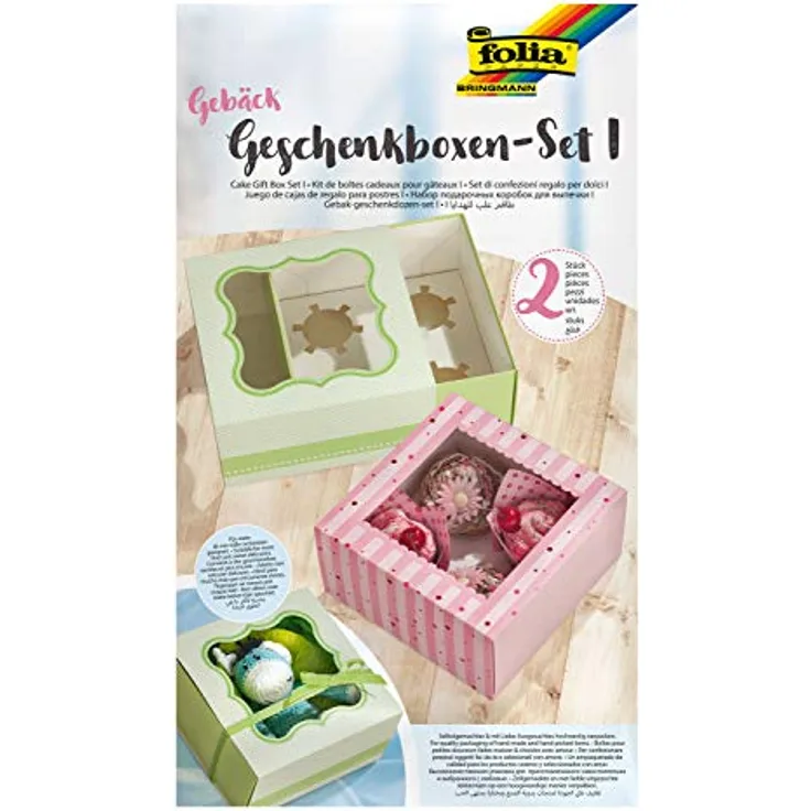 folia 48401 - Gebäck - Geschenkschachtel - Set I für 2 Boxen, lebensmittelechte Pappboxen je 20 x 20 x 10 cm, mit Sichtfenster und Einlage, ideal zum Verschenken von Muffins und Cupcakes