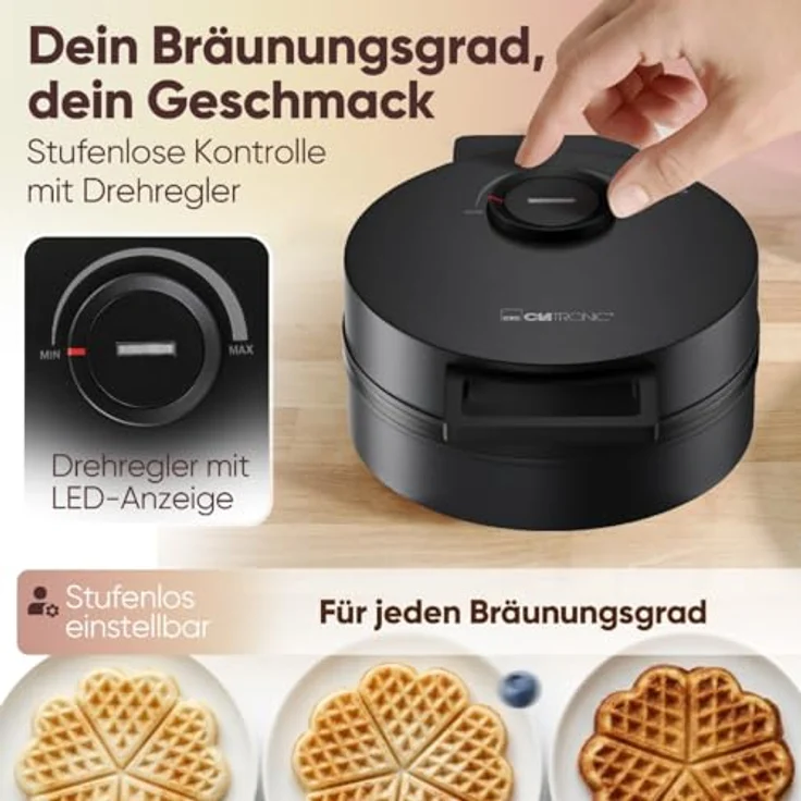 Clatronic WA 3832 Waffeleisen Herzform, 1200 W mit Antihaftbeschichtung und stufenlosem Bräunungsregler, schwarz – Bild 4