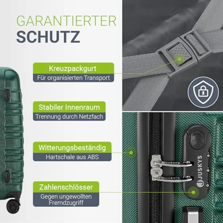 Juskys Hartschale Kofferset 4-teilig, großer Reisekoffer mit Zahlenschloss, geräuscharmen 360° Rollen, Teleskopgriff, leicht, dunkelgrün – Bild 5