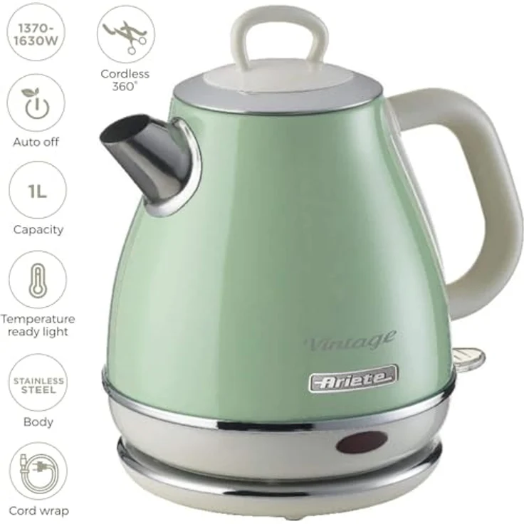 Ariete 2868 Vintage, elektrischer Design-Wasserkocher aus Edelstahl für Aufgussgetränke, Tee und Kräutertees, Abschaltautomatik, ergonomischer Griff, 1 Liter, 1600 W, Grün – Bild 3