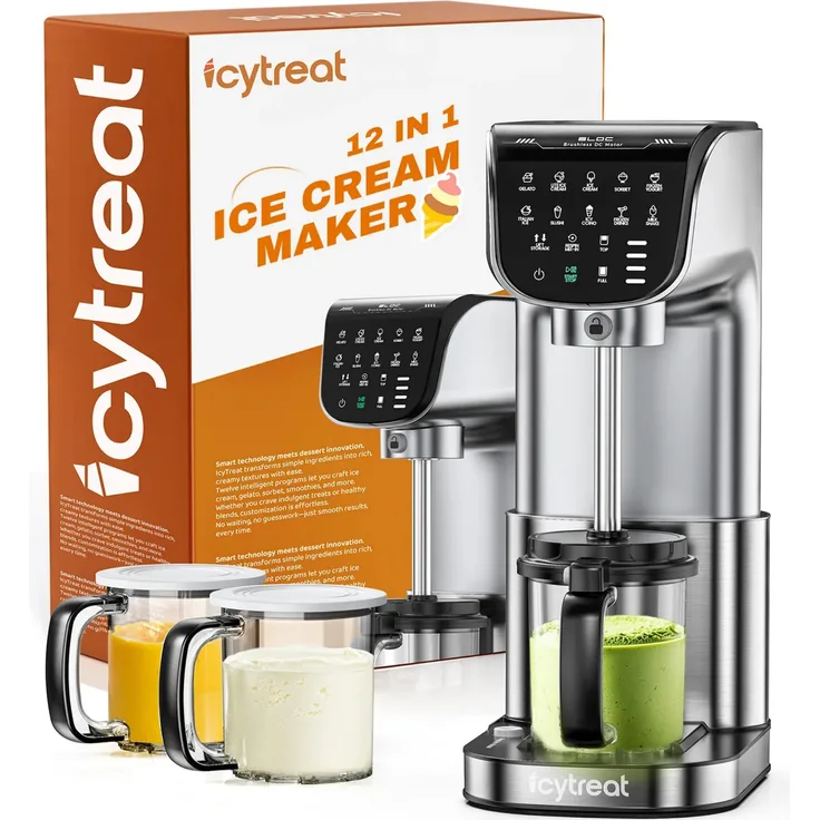 IcyTreat IC-1010 EU Eismaschine, Edelstahlgehäuse, vollautomatisch mit 3 Behältern und 12 Programmen, Silber
