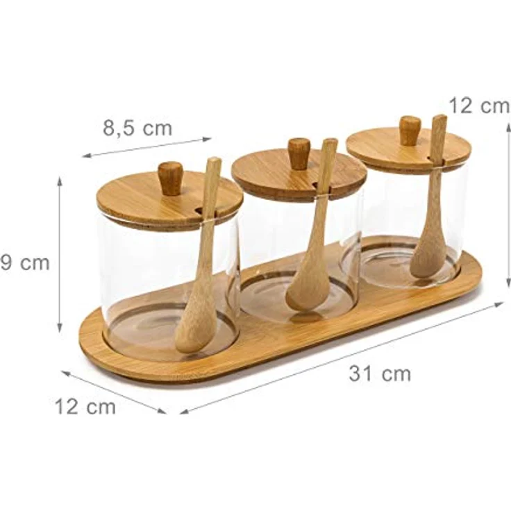 Relaxdays Gewürzgläser JIAO HBT: 12 x 31 x 12 cm Bambus Gewürzhalter für 3 Gewürzbehälter aus Glas mit passenden Löffeln als Alternative zu Gewürzständer und Gewürzregal für Küche und Esstisch, natur – Bild 4