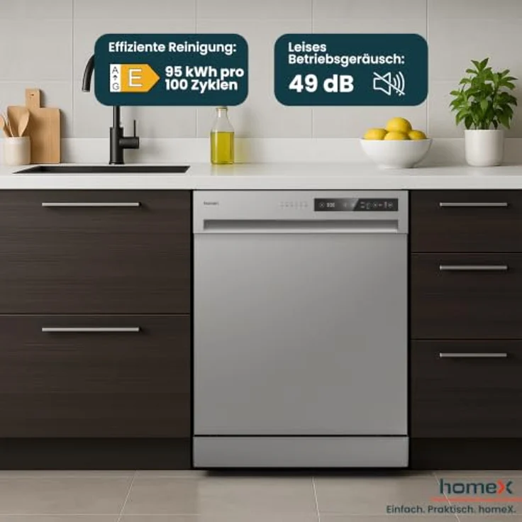 homeX DWFS601449E-S Geschirrspüler, freistehend, 60 cm, 14 Maßgedecke, 6 Programme, AquaStop, Unterbaufähig, 49 dB – Bild 6