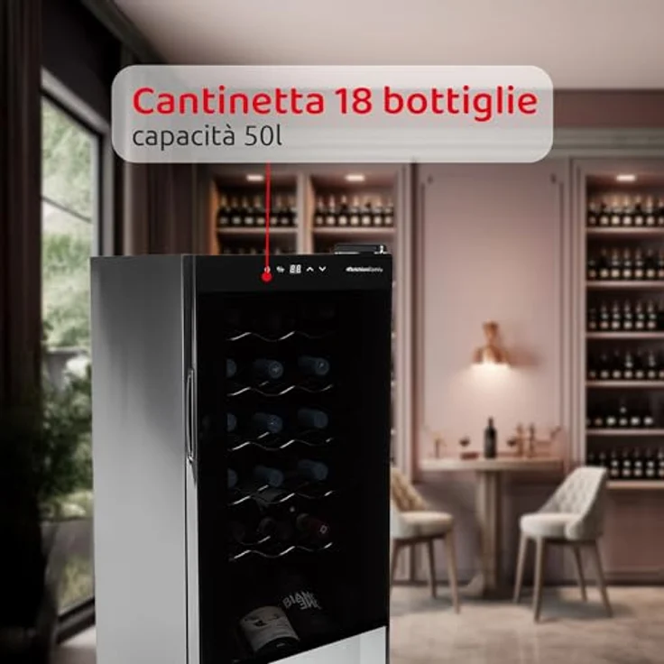 Melchioni Vermentino 18 C, Weinkühler mit Kompressor für 18 Flaschen, freistehend, schwarz, LED-Beleuchtung, Touch-Display, Temperatur 5-18°C, Geräuscharm 43 dB – Bild 3