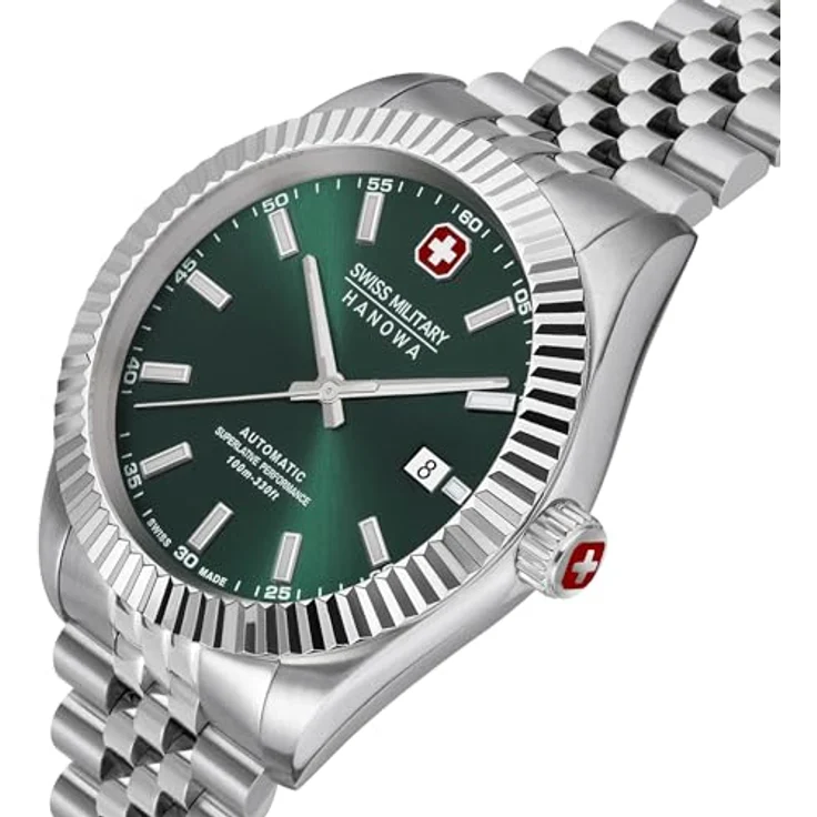 Swiss Military Hanowa Herren Analog Automatikwerk Uhr, Grün/Silber Edelstahl, mit Leuchtindizies und kratzfestem Saphirglas – Bild 4