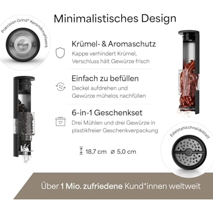 LARS NYSØM Gewürzmühlen Geschenkset, Salz und Pfeffermühlen Set mit Chilimühle & 3 Gewürzdosen (Carbon Black) – Bild 5